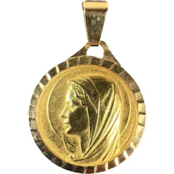 Pamono Large French 18 Karat Yellow Gold Virgin Mary Charm Pendant Medal, 1960s> Necklaces