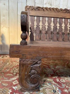 Pamono Large Indonesian Garden Bench in Carved Walnut