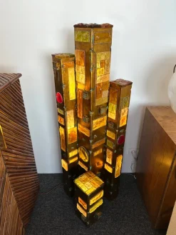 Pamono Large Italian Hammered Glass and Gilt Wrought Iron Floor Lamp from Longobard, 1970s> Floor Lamps