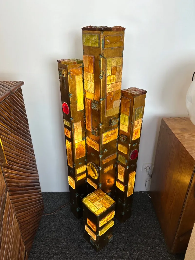 Pamono Large Italian Hammered Glass and Gilt Wrought Iron Floor Lamp from Longobard, 1970s> Floor Lamps