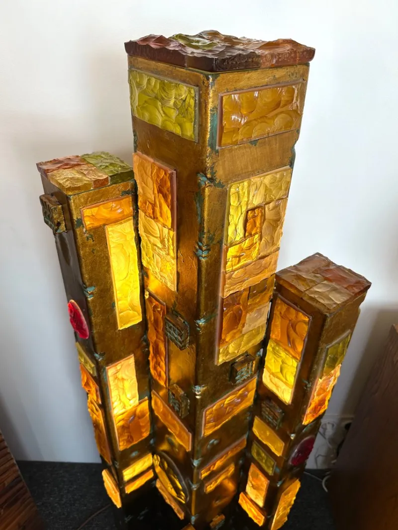Pamono Large Italian Hammered Glass and Gilt Wrought Iron Floor Lamp from Longobard, 1970s> Floor Lamps