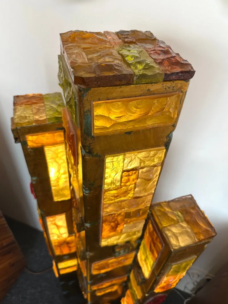Pamono Large Italian Hammered Glass and Gilt Wrought Iron Floor Lamp from Longobard, 1970s> Floor Lamps