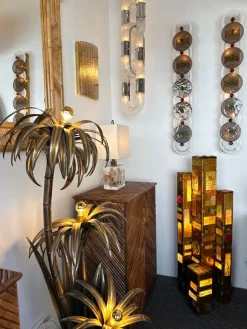 Pamono Large Italian Hammered Glass and Gilt Wrought Iron Floor Lamp from Longobard, 1970s><noscript><img width=