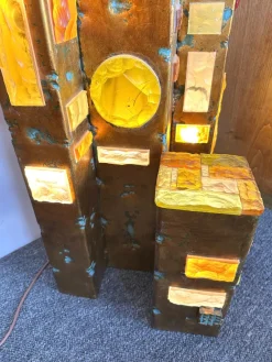 Pamono Large Italian Hammered Glass and Gilt Wrought Iron Floor Lamp from Longobard, 1970s><noscript><img width=