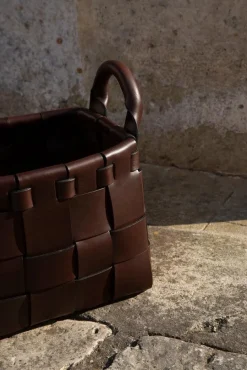 Pamono Large Leather Hand-Woven Decorative Basket by Oscar Maschera