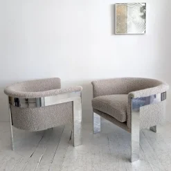 Pamono Large Mid-Century Chromed Steel and Mohair Bouclé Lounge Chairs by Milo Baughman, USA, 1970s, Set of 2> Lounge Chairs & Armchairs