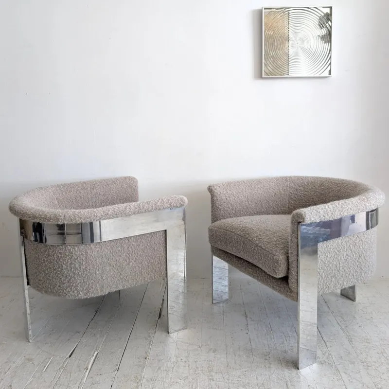 Pamono Large Mid-Century Chromed Steel and Mohair Bouclé Lounge Chairs by Milo Baughman, USA, 1970s, Set of 2> Lounge Chairs & Armchairs