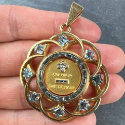 Pamono Large More Than Yesterday Diamond Blue Spinel 18k Gold Love Medal Pendant from Augis, 1960s><noscript><img width=