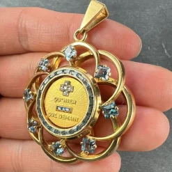 Pamono Large More Than Yesterday Diamond Blue Spinel 18k Gold Love Medal Pendant from Augis, 1960s><noscript><img width=