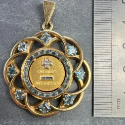 Pamono Large More Than Yesterday Diamond Blue Spinel 18k Gold Love Medal Pendant from Augis, 1960s><noscript><img width=