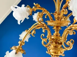 Pamono Large Ornate Bronze Chandelier with Floral Frosted Glass Shades, 1890s><noscript><img width=