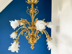 Pamono Large Ornate Bronze Chandelier with Floral Frosted Glass Shades, 1890s><noscript><img width=