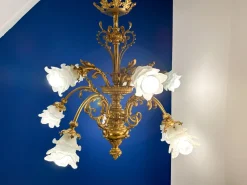 Pamono Large Ornate Bronze Chandelier with Floral Frosted Glass Shades, 1890s><noscript><img width=