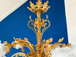 Pamono Large Ornate Bronze Chandelier with Floral Frosted Glass Shades, 1890s><noscript><img width=