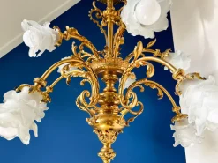 Pamono Large Ornate Bronze Chandelier with Floral Frosted Glass Shades, 1890s><noscript><img width=