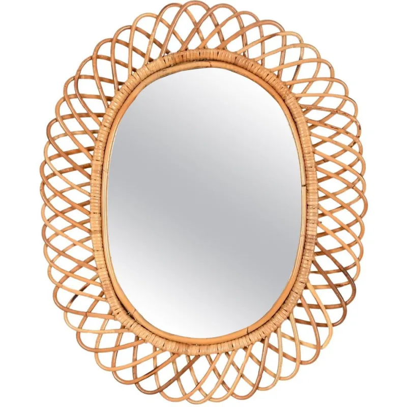 Pamono Large Oval Mirror in Bamboo, Rattan and Wicker attributed to Franco Albini, Italy, 1970s> Mirrors