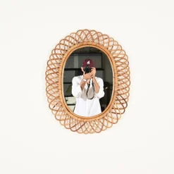 Pamono Large Oval Mirror in Bamboo, Rattan and Wicker attributed to Franco Albini, Italy, 1970s><noscript><img width=