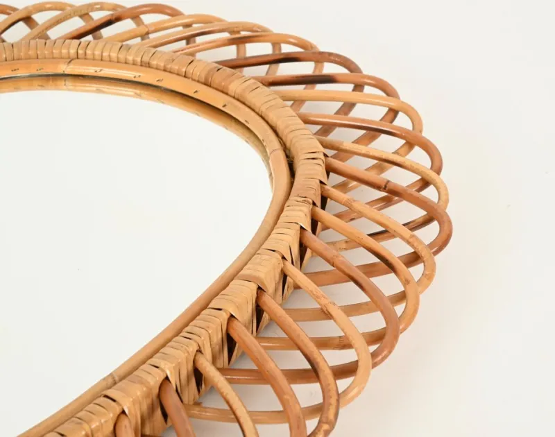 Pamono Large Oval Mirror in Bamboo, Rattan and Wicker attributed to Franco Albini, Italy, 1970s> Mirrors