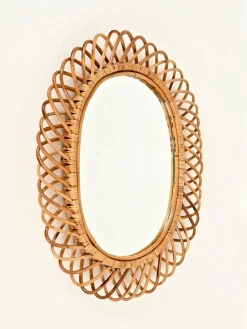 Pamono Large Oval Mirror in Bamboo, Rattan and Wicker attributed to Franco Albini, Italy, 1970s><noscript><img width=