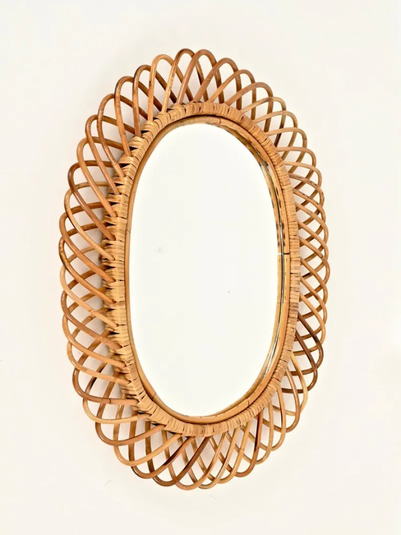 Pamono Large Oval Mirror in Bamboo, Rattan and Wicker attributed to Franco Albini, Italy, 1970s> Mirrors