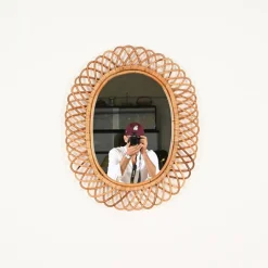 Pamono Large Oval Mirror in Bamboo, Rattan and Wicker attributed to Franco Albini, Italy, 1970s><noscript><img width=