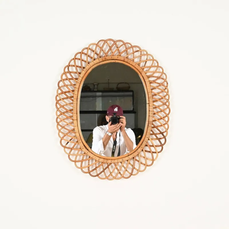 Pamono Large Oval Mirror in Bamboo, Rattan and Wicker attributed to Franco Albini, Italy, 1970s> Mirrors
