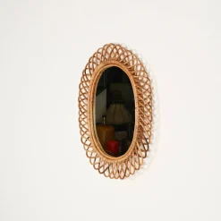 Pamono Large Oval Mirror in Bamboo, Rattan and Wicker attributed to Franco Albini, Italy, 1970s><noscript><img width=