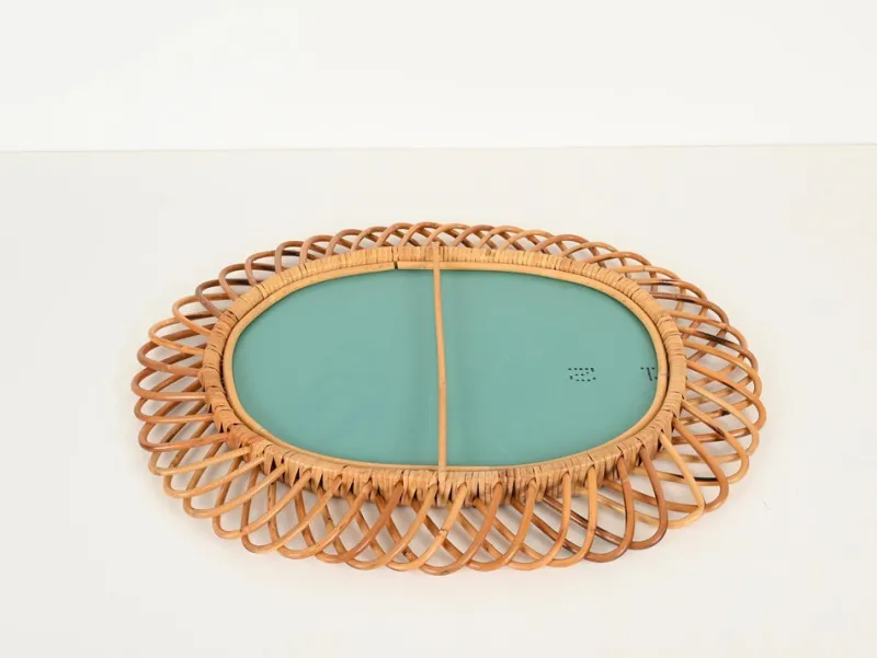 Pamono Large Oval Mirror in Bamboo, Rattan and Wicker attributed to Franco Albini, Italy, 1970s> Mirrors