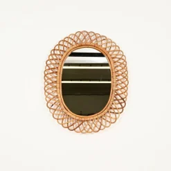 Pamono Large Oval Mirror in Bamboo, Rattan and Wicker attributed to Franco Albini, Italy, 1970s><noscript><img width=