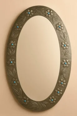 Discount Pamono Large Oval Pewter Mirror with Floral Reliefs and Turquoise Cabochons, 1950s