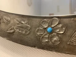 Discount Pamono Large Oval Pewter Mirror with Floral Reliefs and Turquoise Cabochons, 1950s
