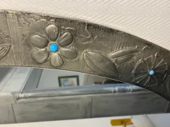 Discount Pamono Large Oval Pewter Mirror with Floral Reliefs and Turquoise Cabochons, 1950s