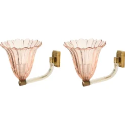 Online Pamono Large Pink Murano Glass and Brass Flower Sconces, 1940s, Set of 2