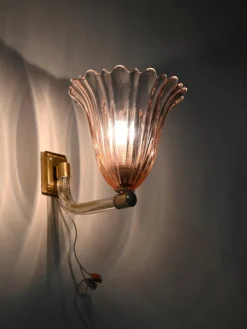 Online Pamono Large Pink Murano Glass and Brass Flower Sconces, 1940s, Set of 2