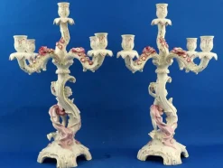 Pamono Large Porcelain Candelabras with Cherubs and Flowers in Relief by Ginori Doccia, Italy, 1890s, Set of 2> Candleholders