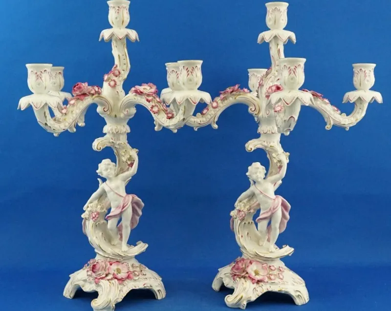Pamono Large Porcelain Candelabras with Cherubs and Flowers in Relief by Ginori Doccia, Italy, 1890s, Set of 2> Candleholders