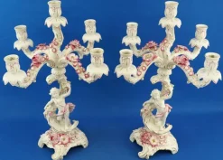 Pamono Large Porcelain Candelabras with Cherubs and Flowers in Relief by Ginori Doccia, Italy, 1890s, Set of 2><noscript><img width=