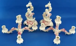 Pamono Large Porcelain Candelabras with Cherubs and Flowers in Relief by Ginori Doccia, Italy, 1890s, Set of 2><noscript><img width=