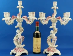 Pamono Large Porcelain Candelabras with Cherubs and Flowers in Relief by Ginori Doccia, Italy, 1890s, Set of 2><noscript><img width=