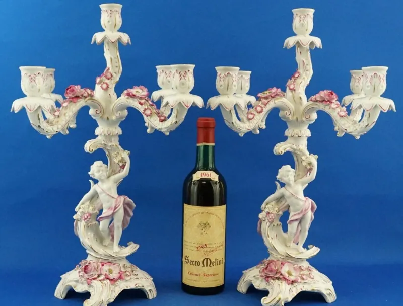 Pamono Large Porcelain Candelabras with Cherubs and Flowers in Relief by Ginori Doccia, Italy, 1890s, Set of 2> Candleholders