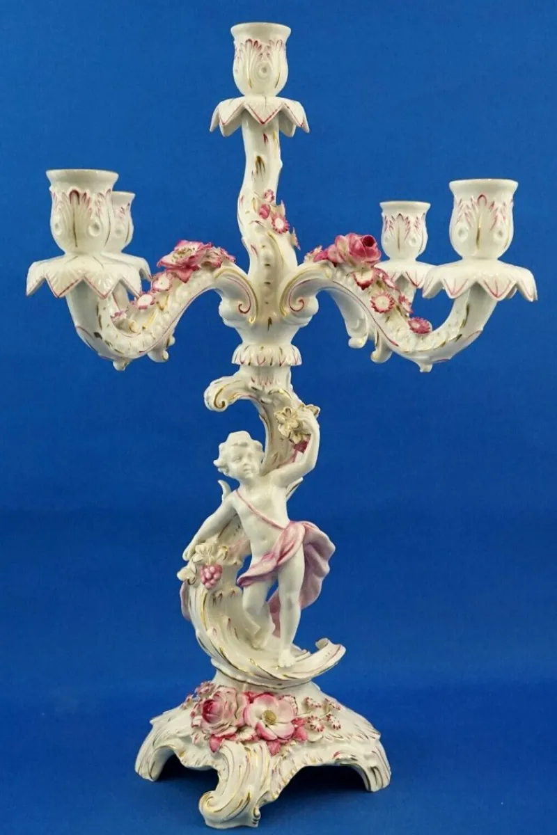 Pamono Large Porcelain Candelabras with Cherubs and Flowers in Relief by Ginori Doccia, Italy, 1890s, Set of 2> Candleholders
