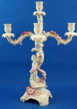 Pamono Large Porcelain Candelabras with Cherubs and Flowers in Relief by Ginori Doccia, Italy, 1890s, Set of 2><noscript><img width=