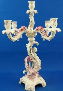 Pamono Large Porcelain Candelabras with Cherubs and Flowers in Relief by Ginori Doccia, Italy, 1890s, Set of 2><noscript><img width=