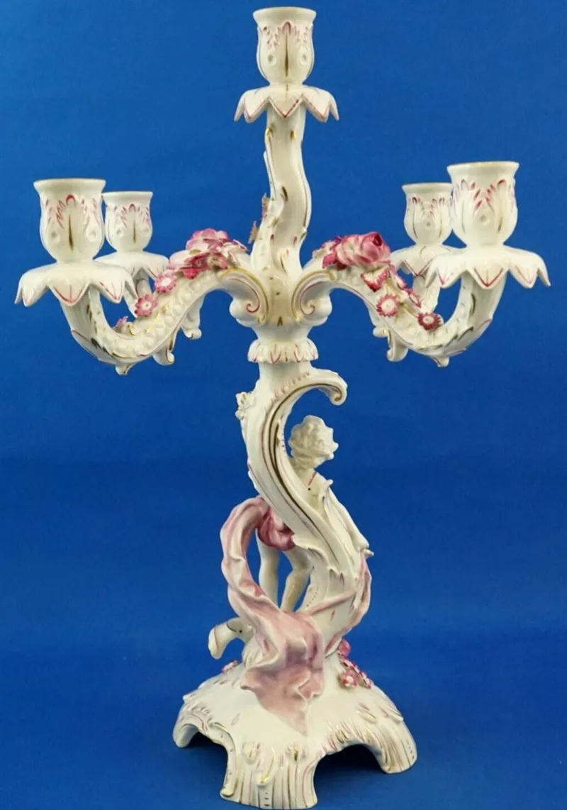 Pamono Large Porcelain Candelabras with Cherubs and Flowers in Relief by Ginori Doccia, Italy, 1890s, Set of 2> Candleholders