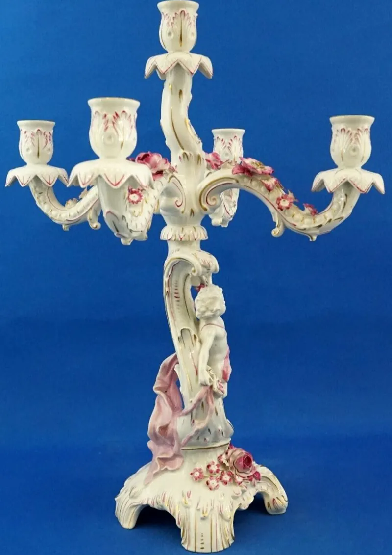 Pamono Large Porcelain Candelabras with Cherubs and Flowers in Relief by Ginori Doccia, Italy, 1890s, Set of 2> Candleholders