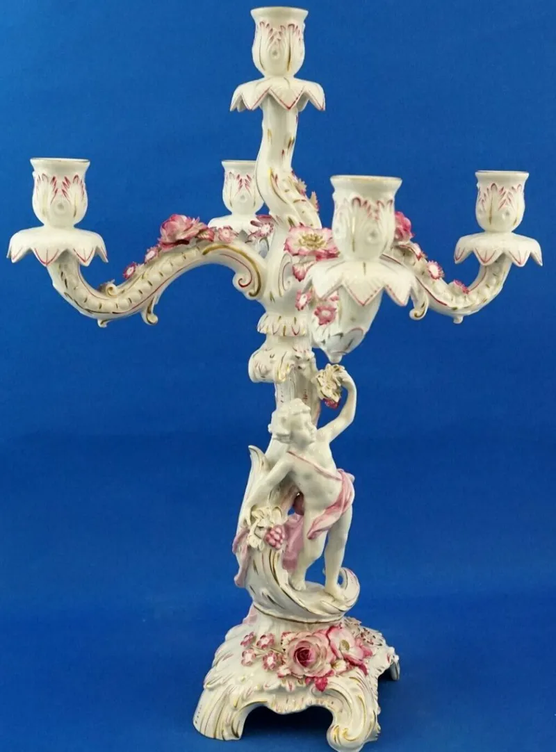 Pamono Large Porcelain Candelabras with Cherubs and Flowers in Relief by Ginori Doccia, Italy, 1890s, Set of 2> Candleholders