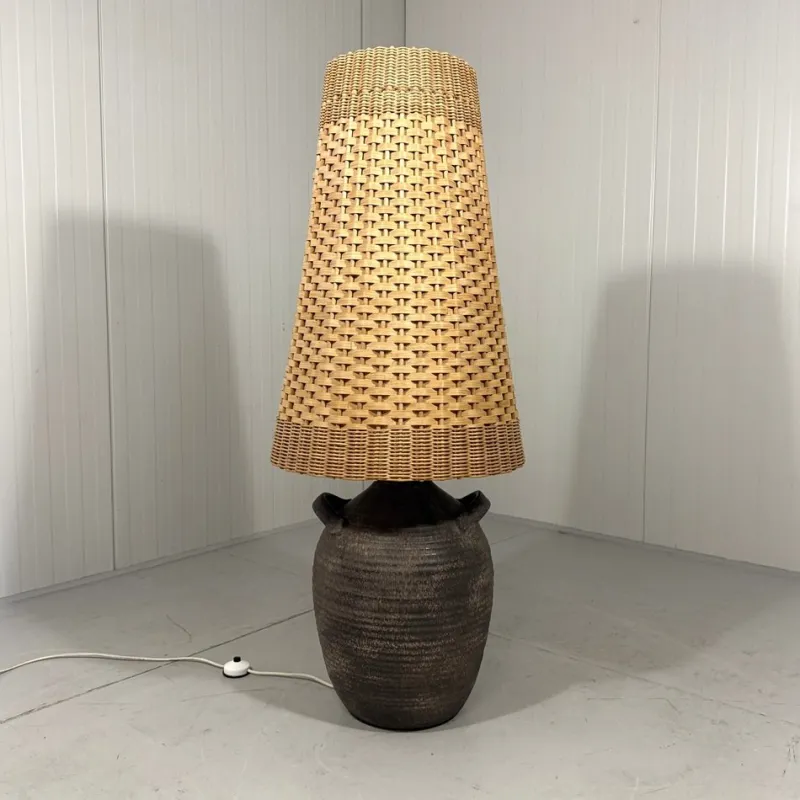 Pamono Large Pottery Amphora Floor Lamp with Caned Lamp Shade, 1960s> Floor Lamps