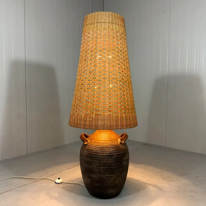 Pamono Large Pottery Amphora Floor Lamp with Caned Lamp Shade, 1960s> Floor Lamps