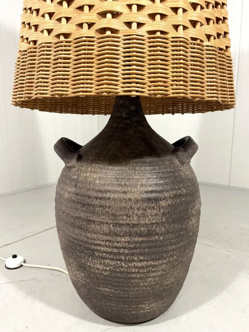 Pamono Large Pottery Amphora Floor Lamp with Caned Lamp Shade, 1960s> Floor Lamps