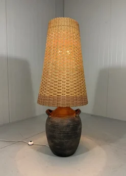 Pamono Large Pottery Amphora Floor Lamp with Caned Lamp Shade, 1960s><noscript><img width=